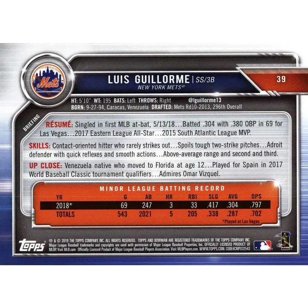 2019 Bowman Luis Guillorme RC #39 New York Mets